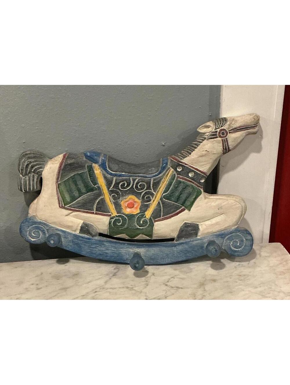 Vintage Hand-Painted Wooden Rocking Horse Wall Hooks Nursery Decor